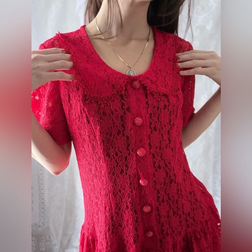 Vintage 90s Lace Dress Diana Marco Red Button Front - Picture 5 of 9
